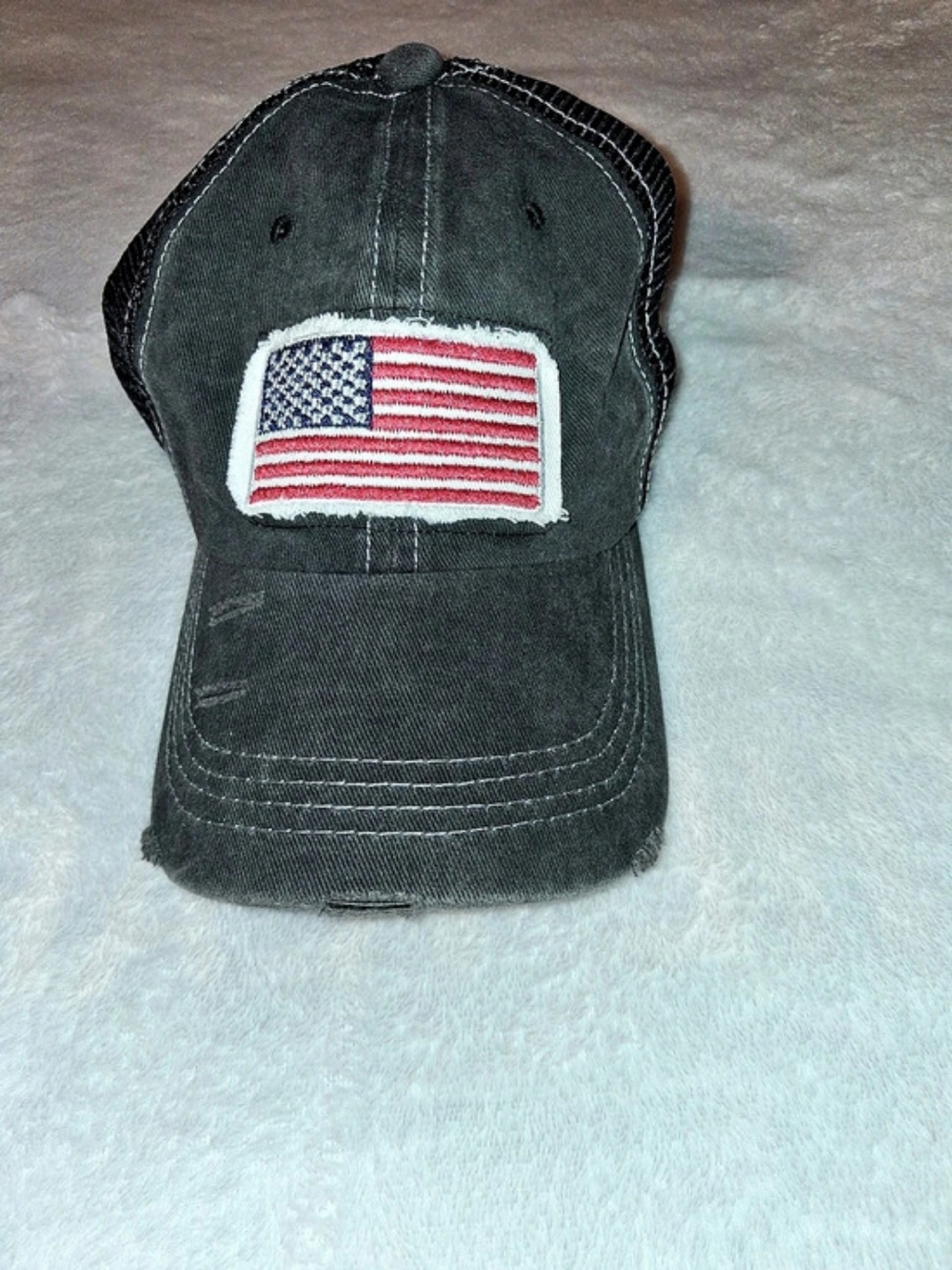 Black Ponytail Trucker Hat American Flag Patch Like New